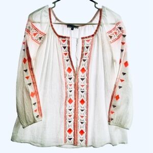 Madewell White and Orange Embroidered Blouse